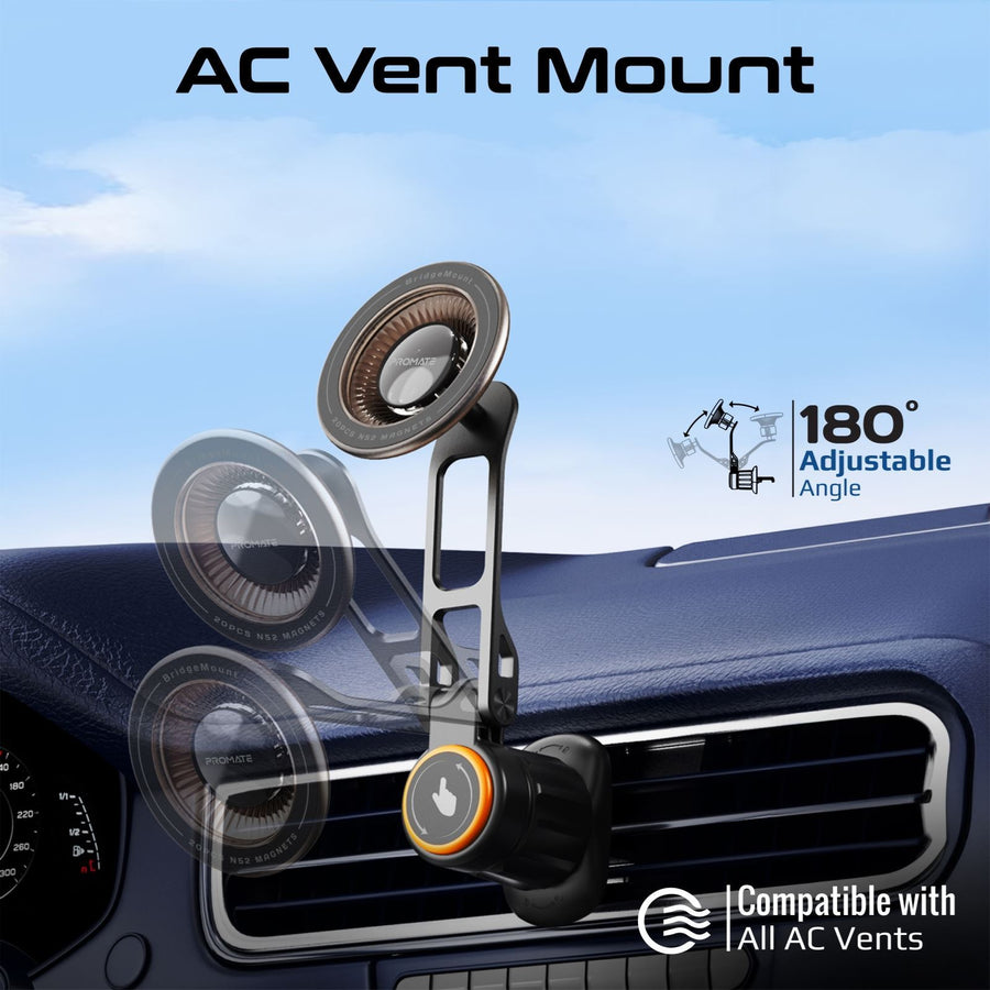Promate BRIDGEMOUNT - MagGrip 360 Rotatable Smartphone Holder w/ AC Vent Mount. Secure Anti-Slip Mount