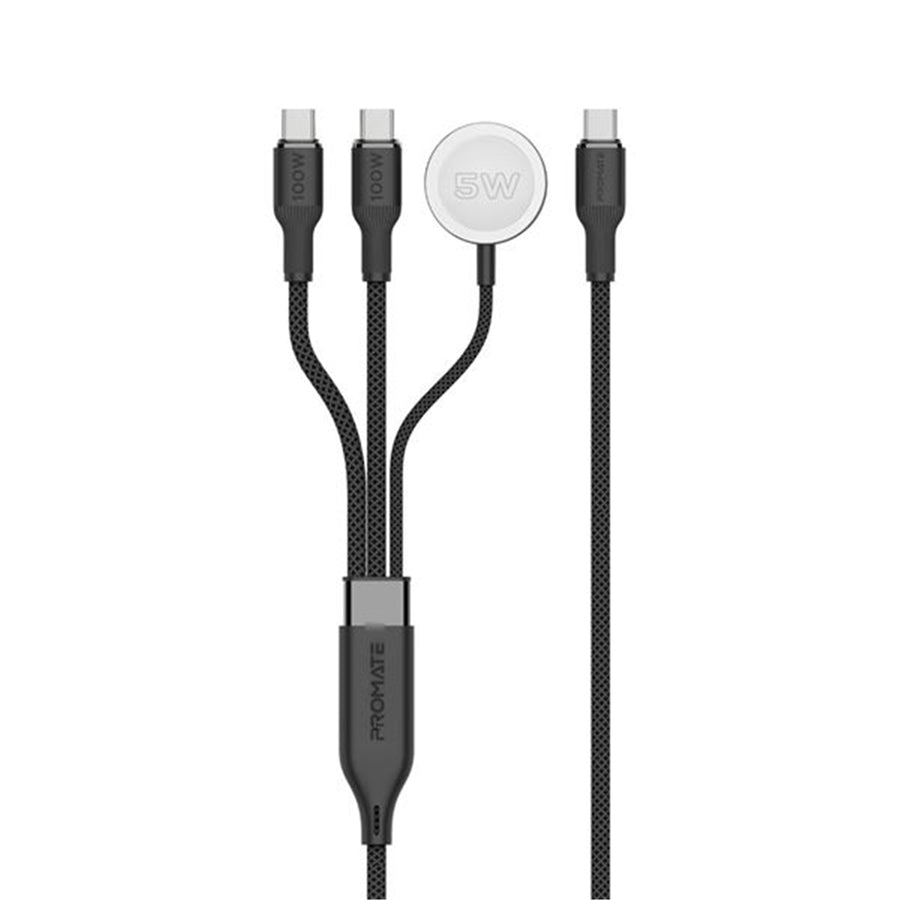 Promate FUSION-CCW-BLK - 1.4m 100W High-Speed Multi Device Charging Cable w/ Apple Watch Charger. 2x 100W PD USBC