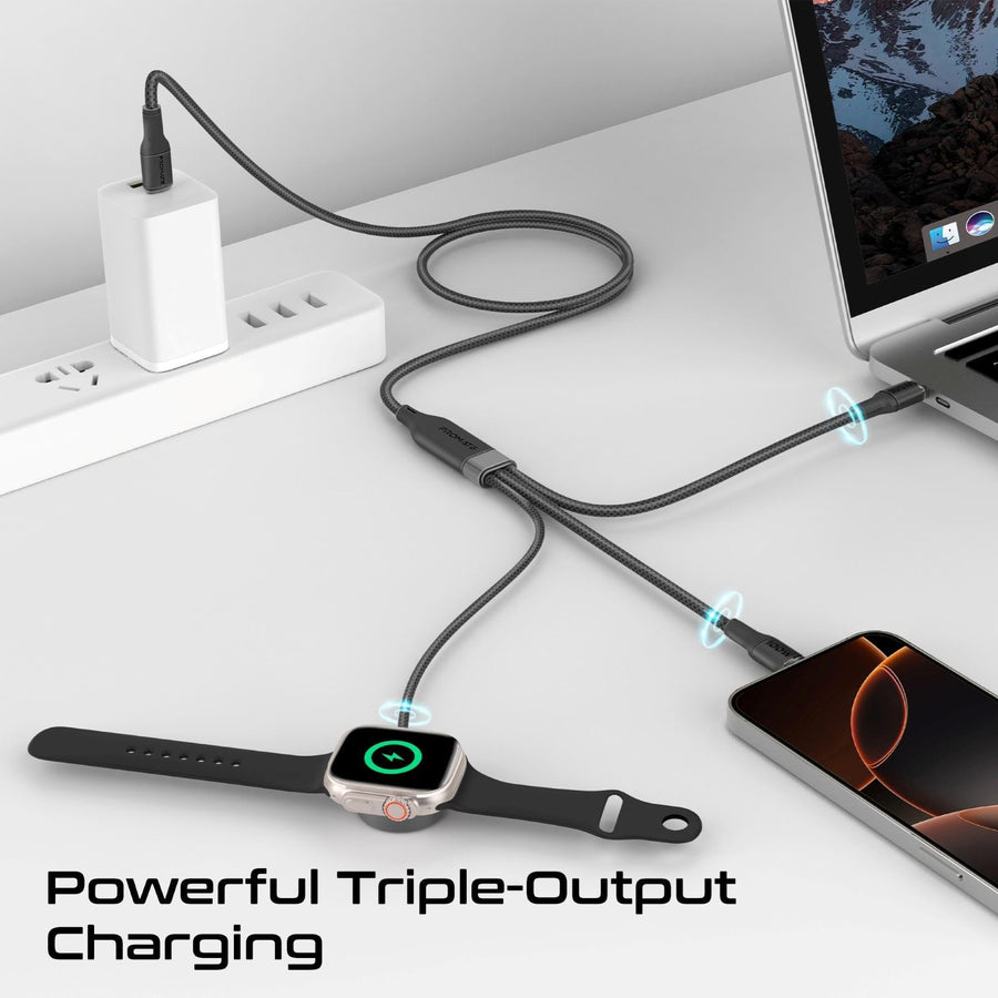 Promate FUSION-CCW-BLK - 1.4m 100W High-Speed Multi Device Charging Cable w/ Apple Watch Charger. 2x 100W PD USBC