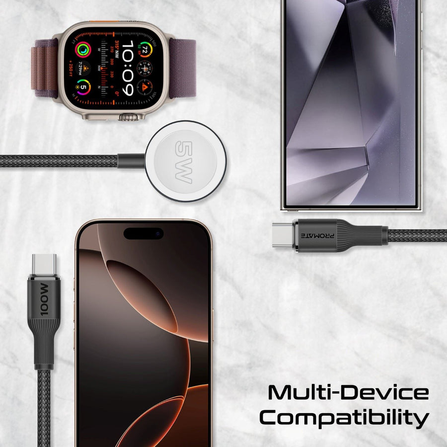 Promate FUSION-CCW-BLK - 1.4m 100W High-Speed Multi Device Charging Cable w/ Apple Watch Charger. 2x 100W PD USBC