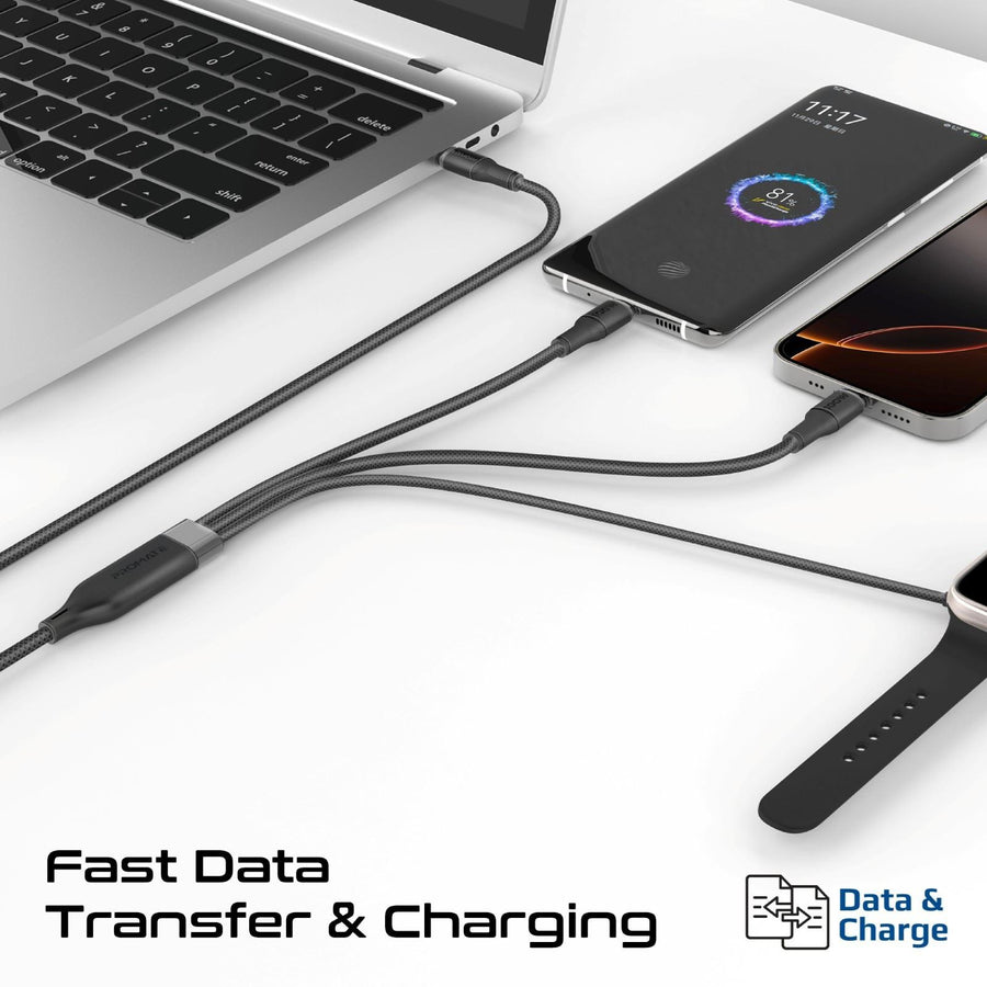 Promate FUSION-CCW-BLK - 1.4m 100W High-Speed Multi Device Charging Cable w/ Apple Watch Charger. 2x 100W PD USBC