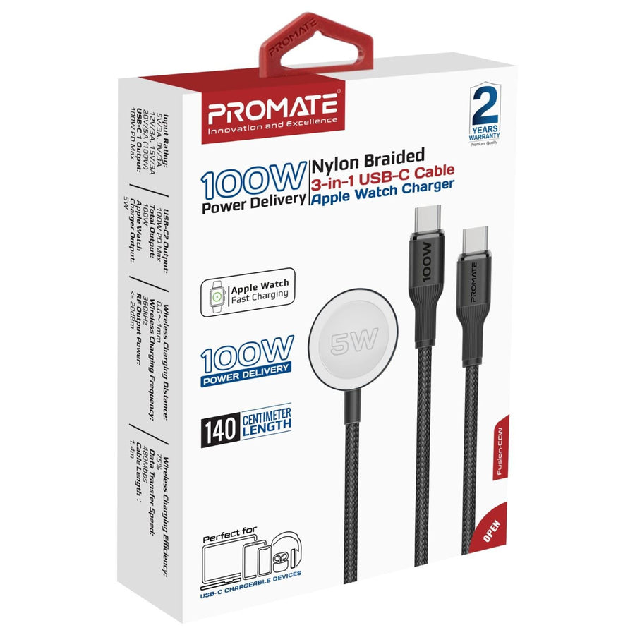 Promate FUSION-CCW-BLK - 1.4m 100W High-Speed Multi Device Charging Cable w/ Apple Watch Charger. 2x 100W PD USBC