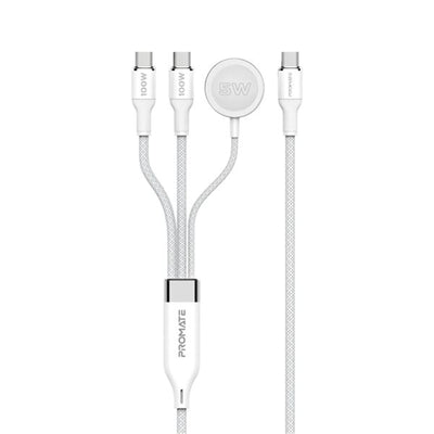 Promate FUSION-CCW-WHT - 1.4m 100W High-Speed Multi Device Charging Cable w/ Apple Watch Charger. 2x 100W PD USBC