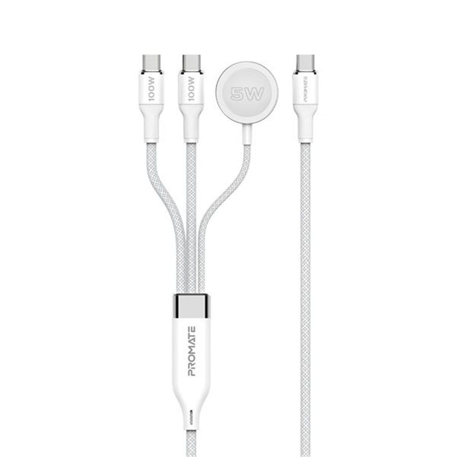 Promate FUSION-CCW-WHT - 1.4m 100W High-Speed Multi Device Charging Cable w/ Apple Watch Charger. 2x 100W PD USBC