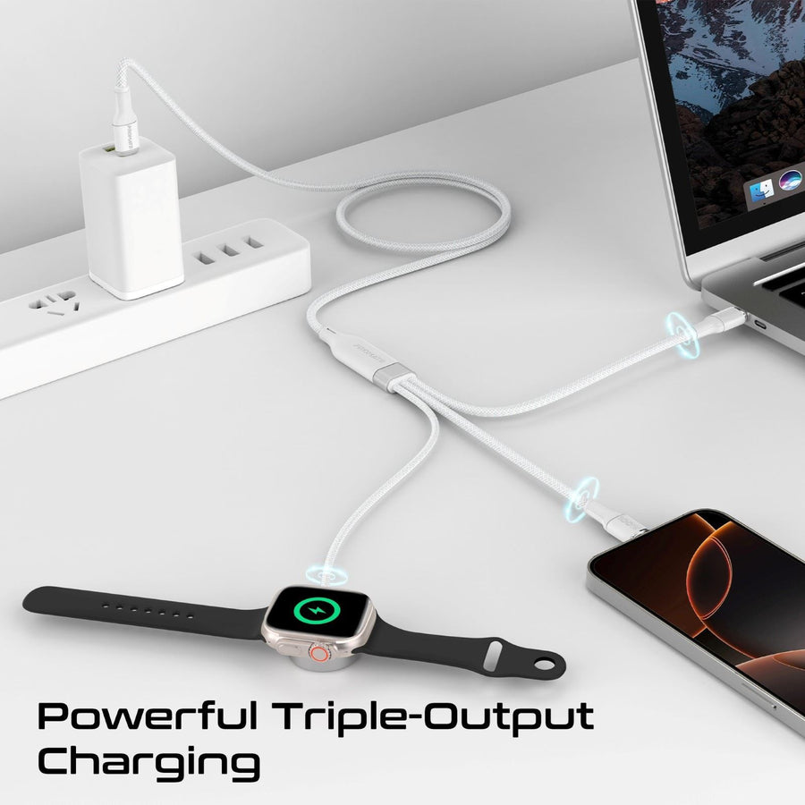 Promate FUSION-CCW-WHT - 1.4m 100W High-Speed Multi Device Charging Cable w/ Apple Watch Charger. 2x 100W PD USBC