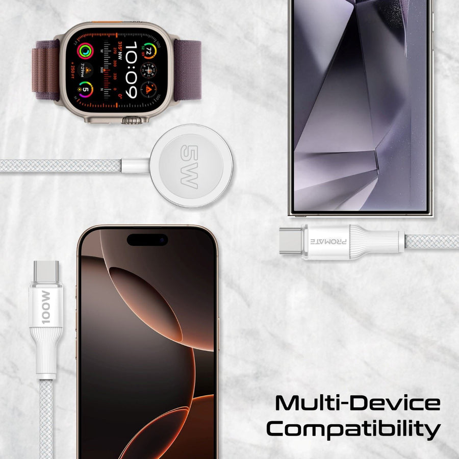 Promate FUSION-CCW-WHT - 1.4m 100W High-Speed Multi Device Charging Cable w/ Apple Watch Charger. 2x 100W PD USBC