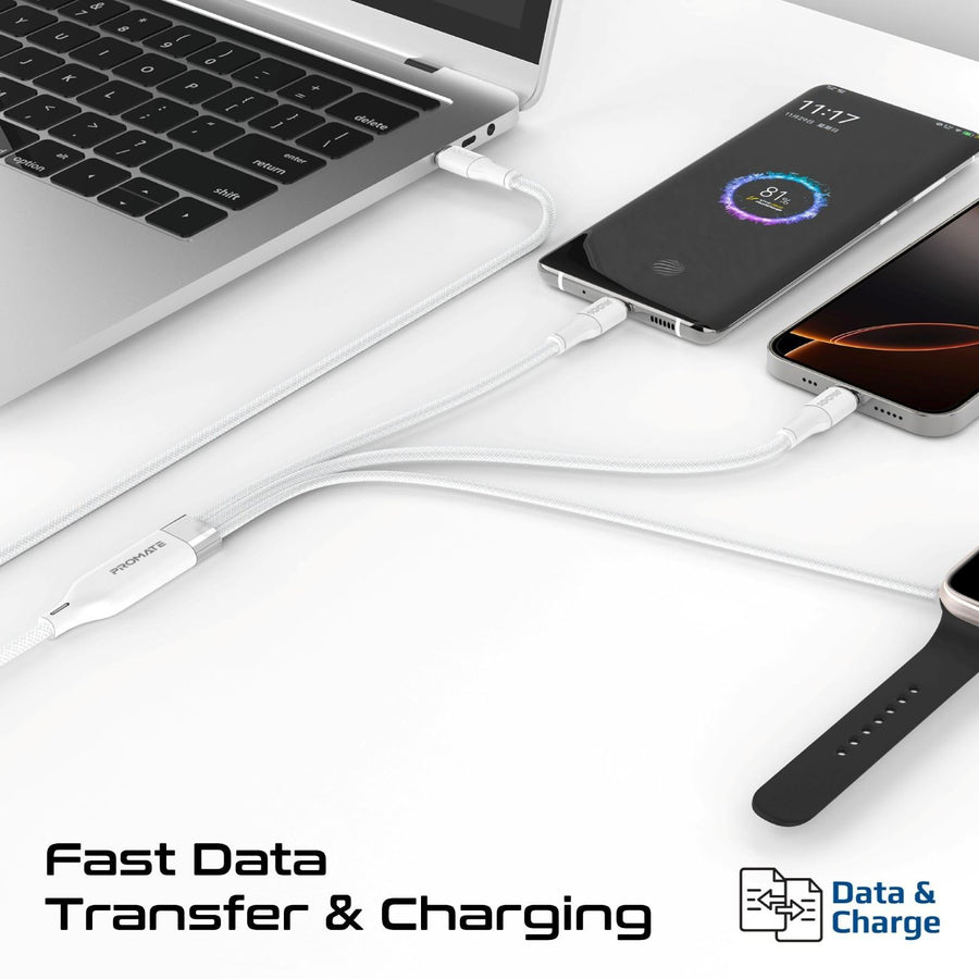 Promate FUSION-CCW-WHT - 1.4m 100W High-Speed Multi Device Charging Cable w/ Apple Watch Charger. 2x 100W PD USBC