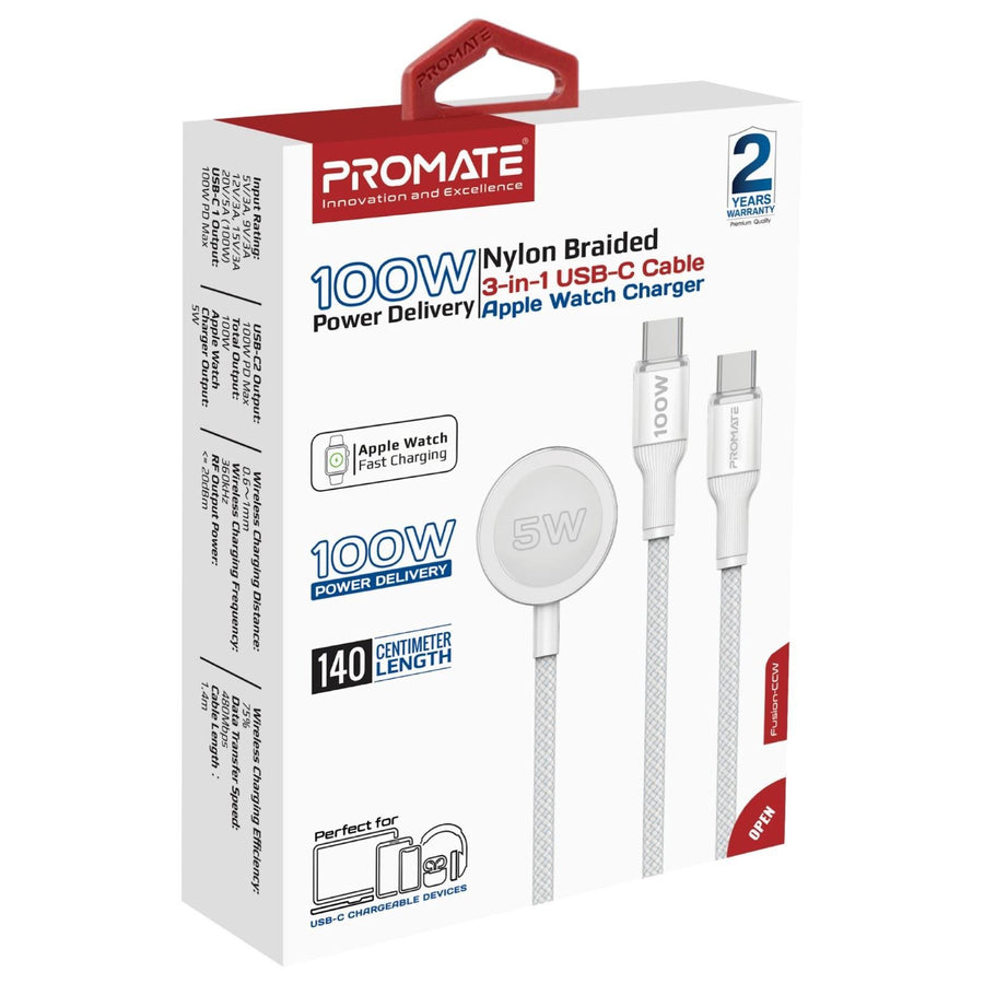 Promate FUSION-CCW-WHT - 1.4m 100W High-Speed Multi Device Charging Cable w/ Apple Watch Charger. 2x 100W PD USBC