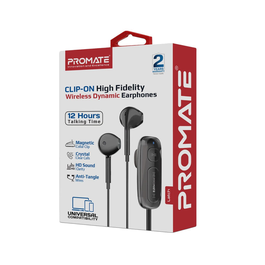 Promate LATCH-BLK - Clip-On BT Wireless Dynamic Earphones Magnetic Collar Clip Up to 12hrs Playtime Inline