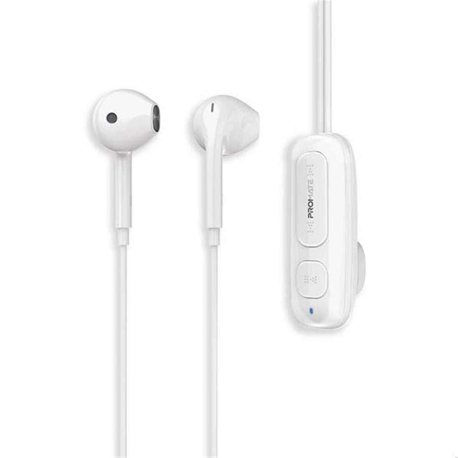 Promate LATCH-WHT - Clip-On BT Wireless Dynamic Earphones Magnetic Collar Clip Up to 12hrs Playtime Inline