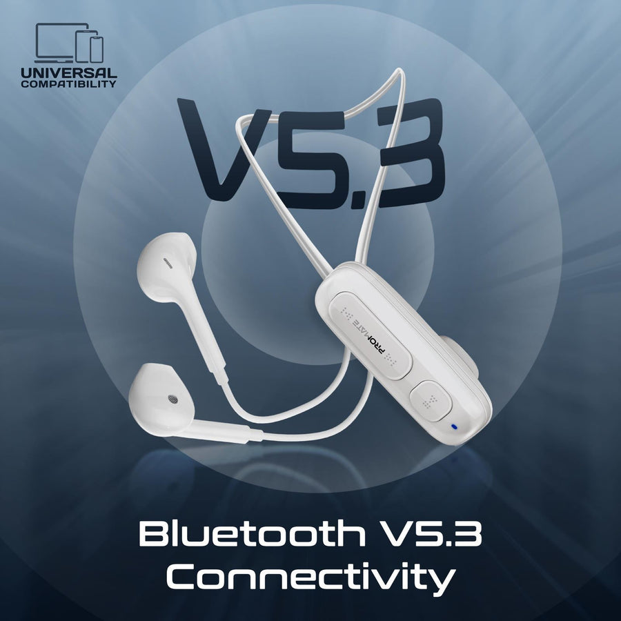 Promate LATCH-WHT - Clip-On BT Wireless Dynamic Earphones Magnetic Collar Clip Up to 12hrs Playtime Inline