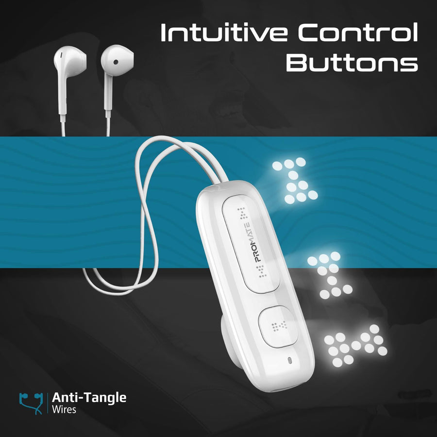 Promate LATCH-WHT - Clip-On BT Wireless Dynamic Earphones Magnetic Collar Clip Up to 12hrs Playtime Inline