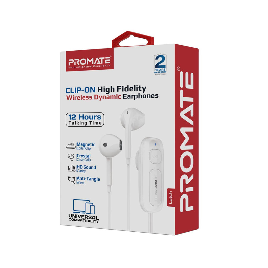 Promate LATCH-WHT - Clip-On BT Wireless Dynamic Earphones Magnetic Collar Clip Up to 12hrs Playtime Inline