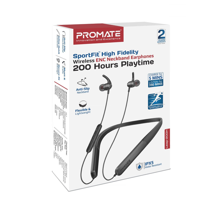 Promate LEAP-200H - SportFit HiFi Wireless NeckBand Earphones 200 Hours Playtime. ENC Noise Reduction