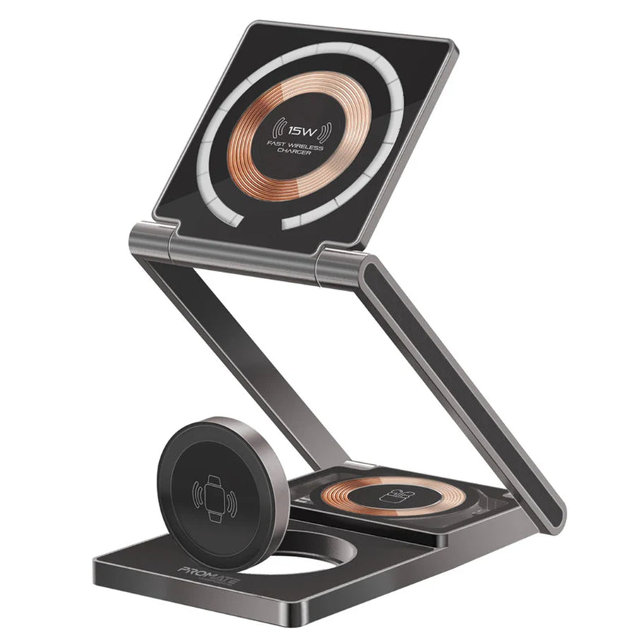 Promate LUCIDFOLD-TRIO - 3-in-1 Foldable 15W MagSafe Charging Station. 3W Apple Watch Charger