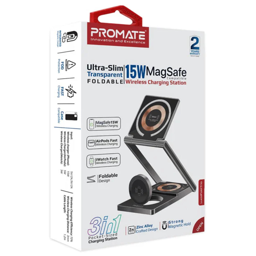 Promate LUCIDFOLD-TRIO - 3-in-1 Foldable 15W MagSafe Charging Station. 3W Apple Watch Charger