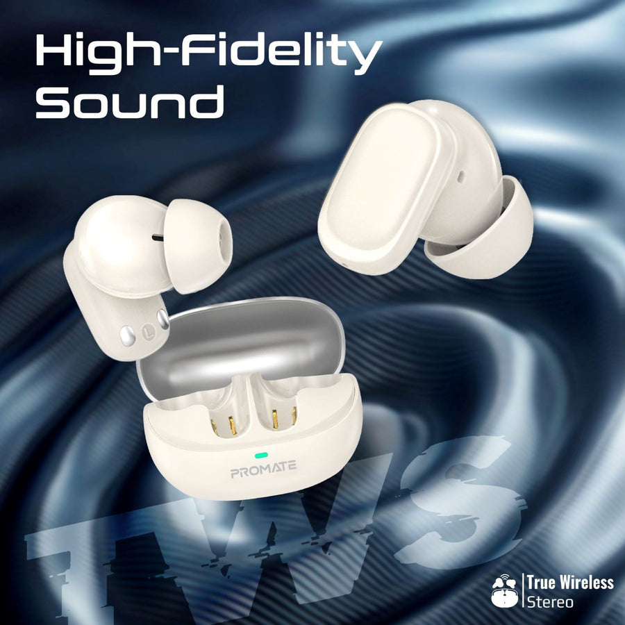 Promate LUSH-PRO-WHT - In-ear HD TWS BT Earbuds Intellitouch & 400mAh Charging Case. Ergonomic Fit