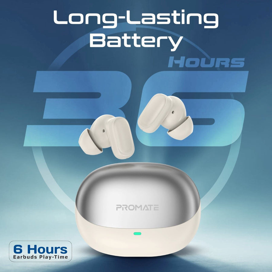 Promate LUSH-PRO-WHT - In-ear HD TWS BT Earbuds Intellitouch & 400mAh Charging Case. Ergonomic Fit