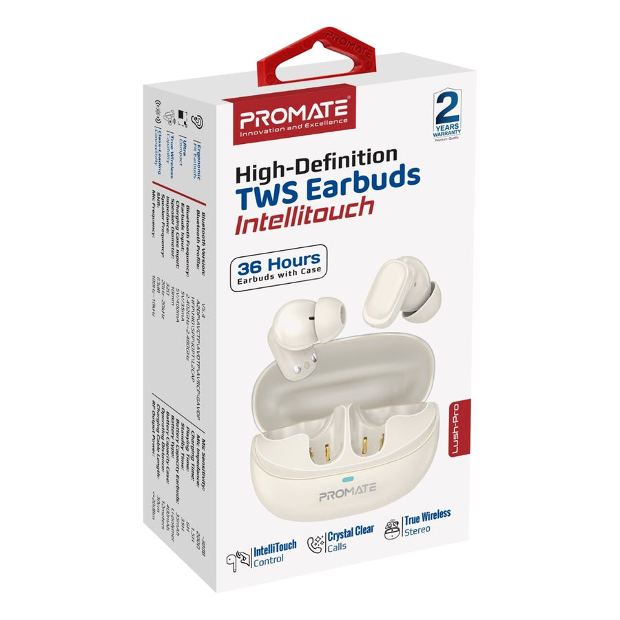 Promate LUSH-PRO-WHT - In-ear HD TWS BT Earbuds Intellitouch & 400mAh Charging Case. Ergonomic Fit