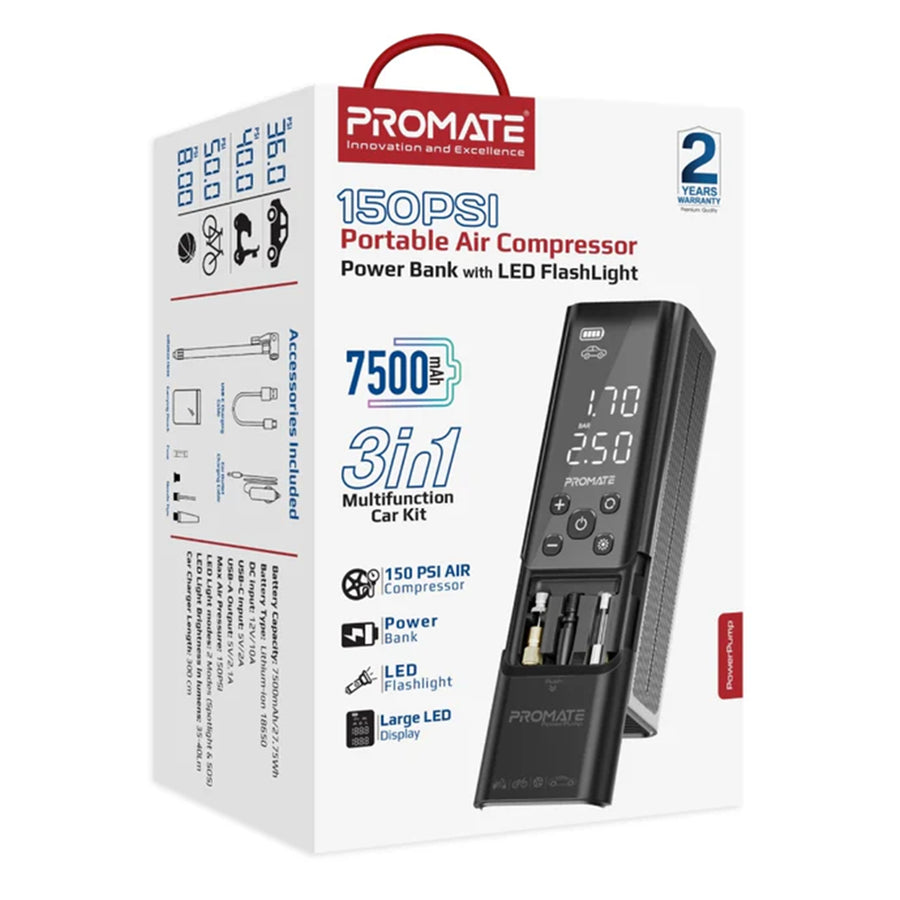 Promate POWERPUMP - 150PSI Portable Air Compressor Power Bank w/ LED Flashlight. 7500mAh Battery