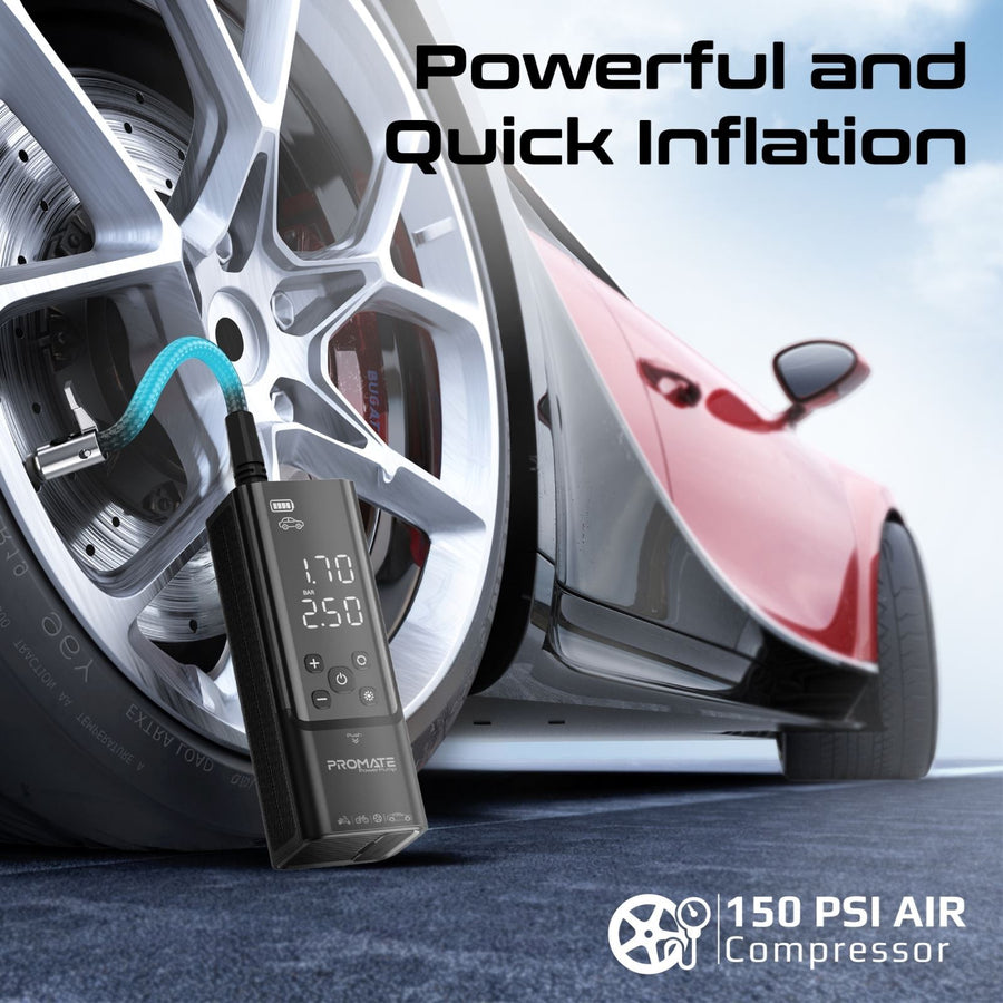 Promate POWERPUMP - 150PSI Portable Air Compressor Power Bank w/ LED Flashlight. 7500mAh Battery