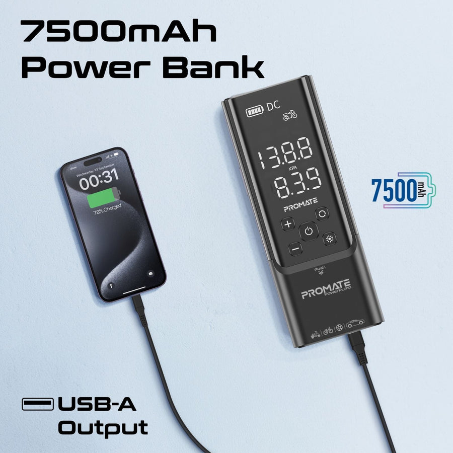 Promate POWERPUMP - 150PSI Portable Air Compressor Power Bank w/ LED Flashlight. 7500mAh Battery