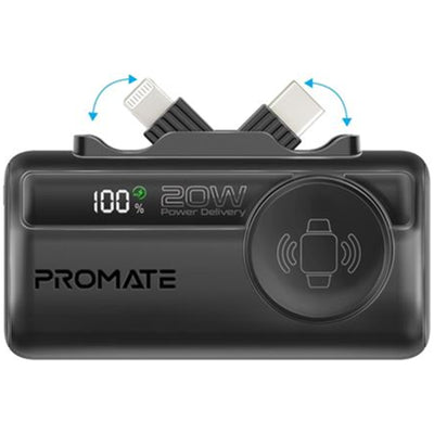 Promate POWERUP-TRIO-BLK - 5000mAh Ultra-Compact Fast Charging Power Bank In-Built Dual Folding USB-C & Lightning