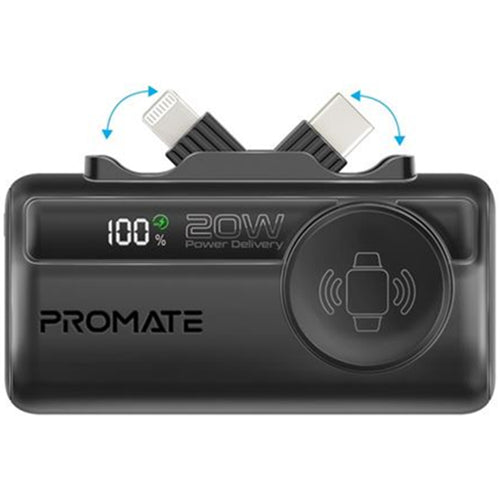 Promate POWERUP-TRIO-BLK - 5000mAh Ultra-Compact Fast Charging Power Bank In-Built Dual Folding USB-C & Lightning