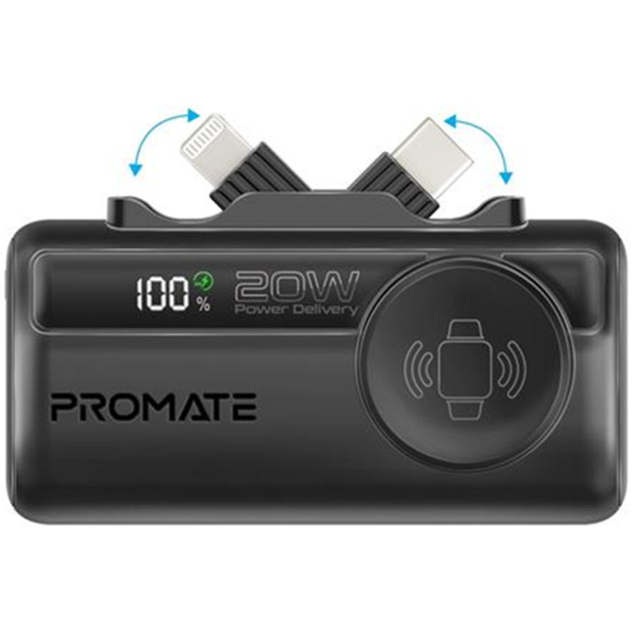 Promate POWERUP-TRIO-BLK - 5000mAh Ultra-Compact Fast Charging Power Bank In-Built Dual Folding USB-C & Lightning