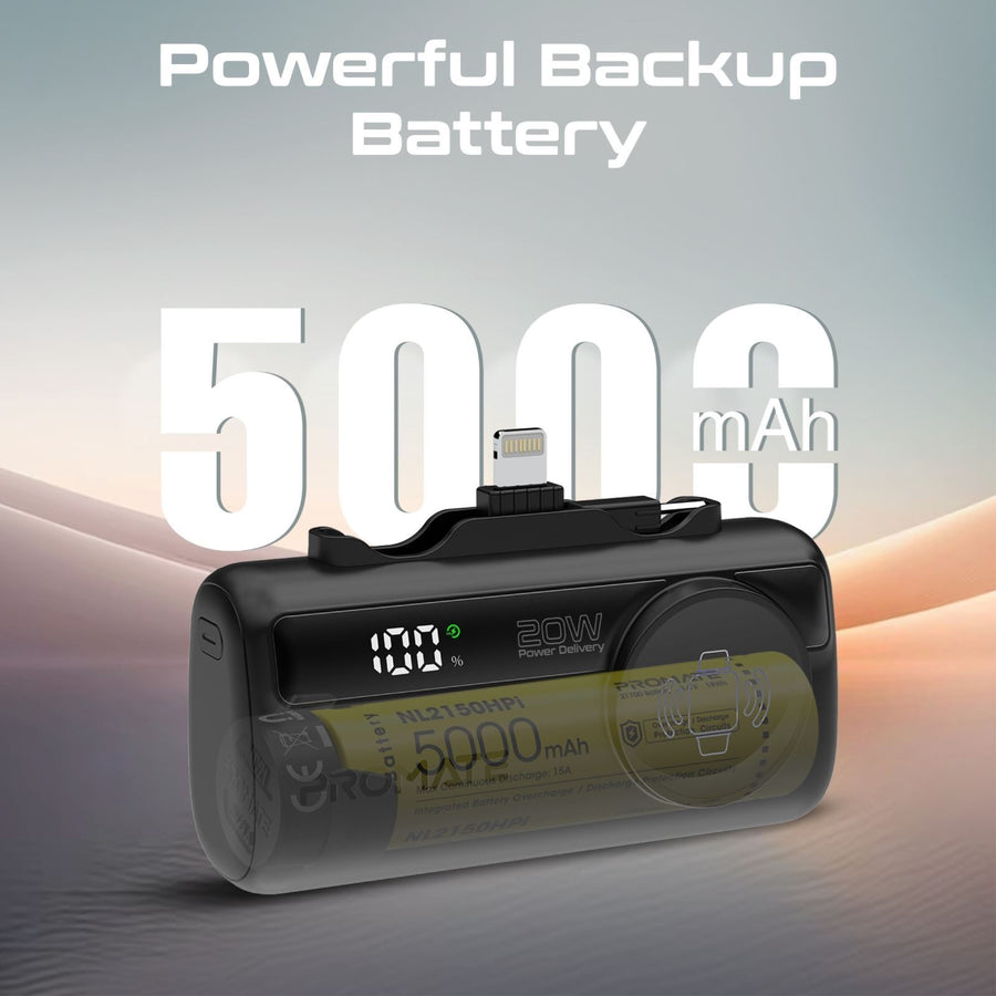 Promate POWERUP-TRIO-BLK - 5000mAh Ultra-Compact Fast Charging Power Bank In-Built Dual Folding USB-C & Lightning