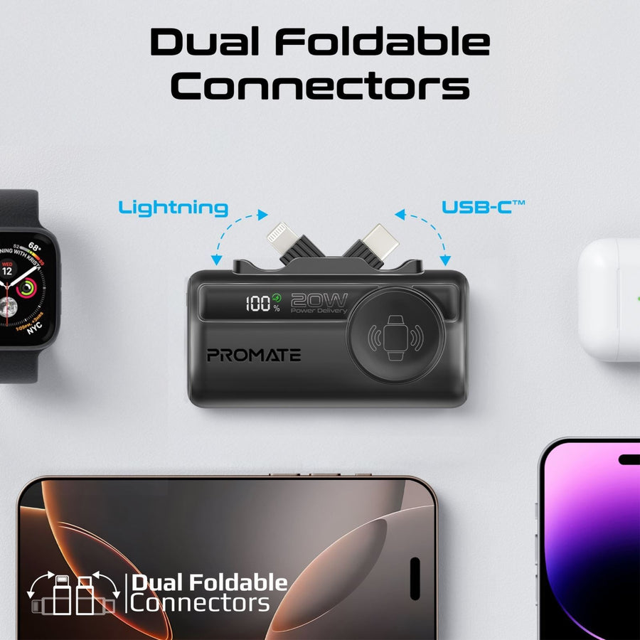 Promate POWERUP-TRIO-BLK - 5000mAh Ultra-Compact Fast Charging Power Bank In-Built Dual Folding USB-C & Lightning