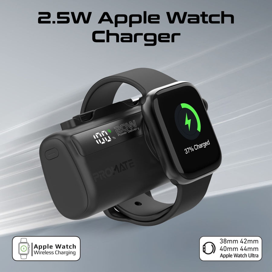 Promate POWERUP-TRIO-BLK - 5000mAh Ultra-Compact Fast Charging Power Bank In-Built Dual Folding USB-C & Lightning