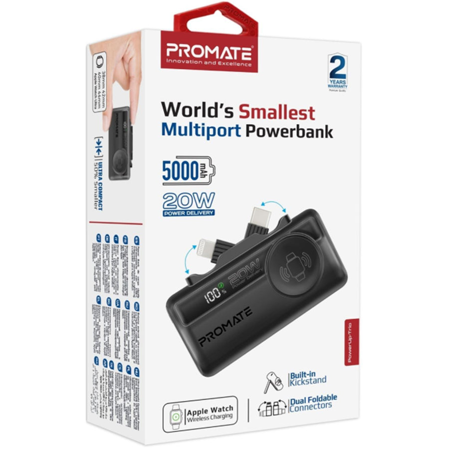 Promate POWERUP-TRIO-BLK - 5000mAh Ultra-Compact Fast Charging Power Bank In-Built Dual Folding USB-C & Lightning