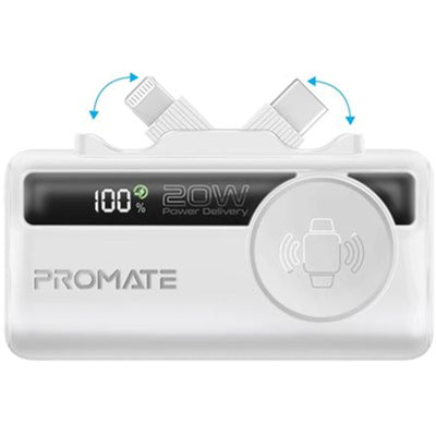 Promate POWERUP-TRIO-WHT - 5000mAh Ultra-Compact Fast Charging Power Bank In-Built Dual Folding USB-C & Lightning