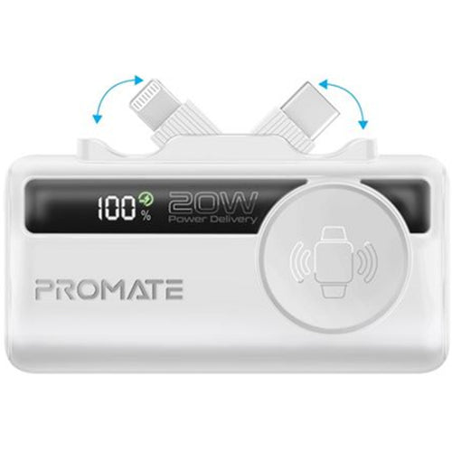 Promate POWERUP-TRIO-WHT - 5000mAh Ultra-Compact Fast Charging Power Bank In-Built Dual Folding USB-C & Lightning