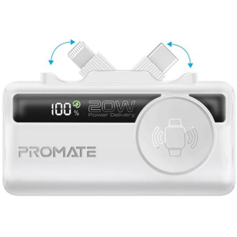 Promate POWERUP-TRIO-WHT - 5000mAh Ultra-Compact Fast Charging Power Bank In-Built Dual Folding USB-C & Lightning