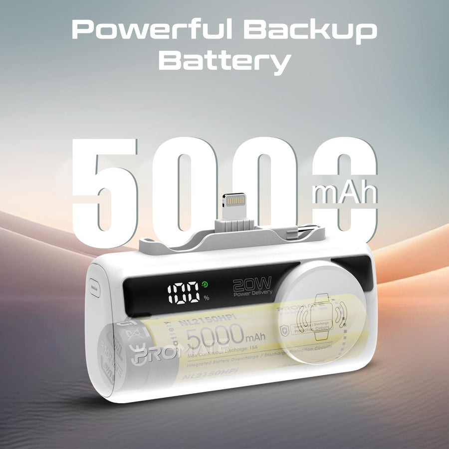 Promate POWERUP-TRIO-WHT - 5000mAh Ultra-Compact Fast Charging Power Bank In-Built Dual Folding USB-C & Lightning