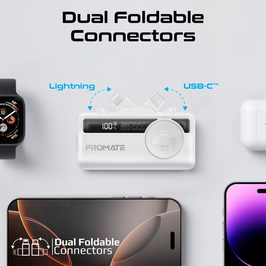 Promate POWERUP-TRIO-WHT - 5000mAh Ultra-Compact Fast Charging Power Bank In-Built Dual Folding USB-C & Lightning