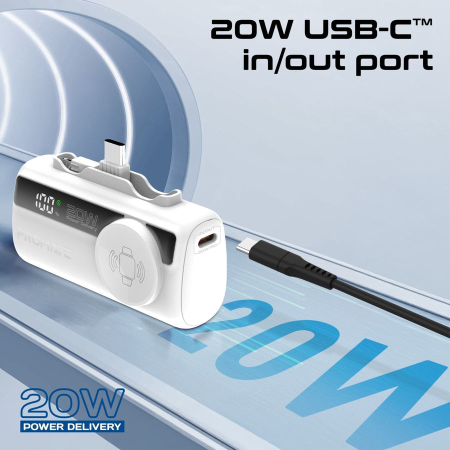 Promate POWERUP-TRIO-WHT - 5000mAh Ultra-Compact Fast Charging Power Bank In-Built Dual Folding USB-C & Lightning
