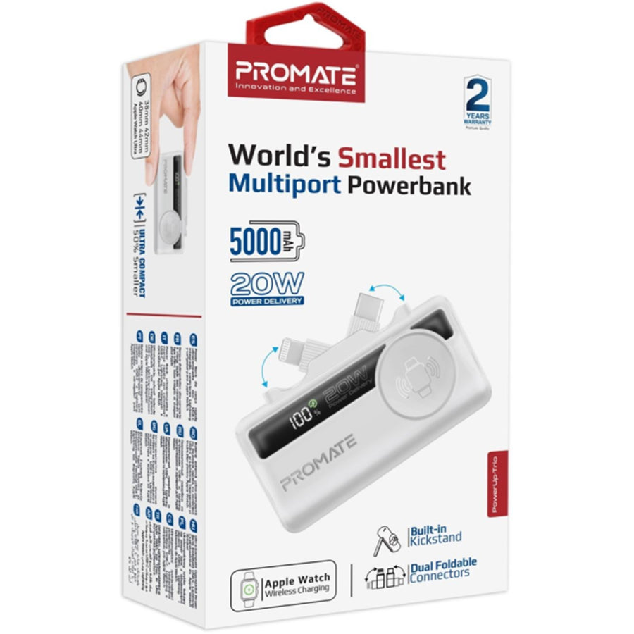 Promate POWERUP-TRIO-WHT - 5000mAh Ultra-Compact Fast Charging Power Bank In-Built Dual Folding USB-C & Lightning