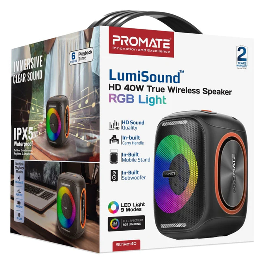 Promate STRIKE-40 - 40W Portable BT Speaker w/ Dynamic RBG Lights. Up to 6 Hours Playback AUX