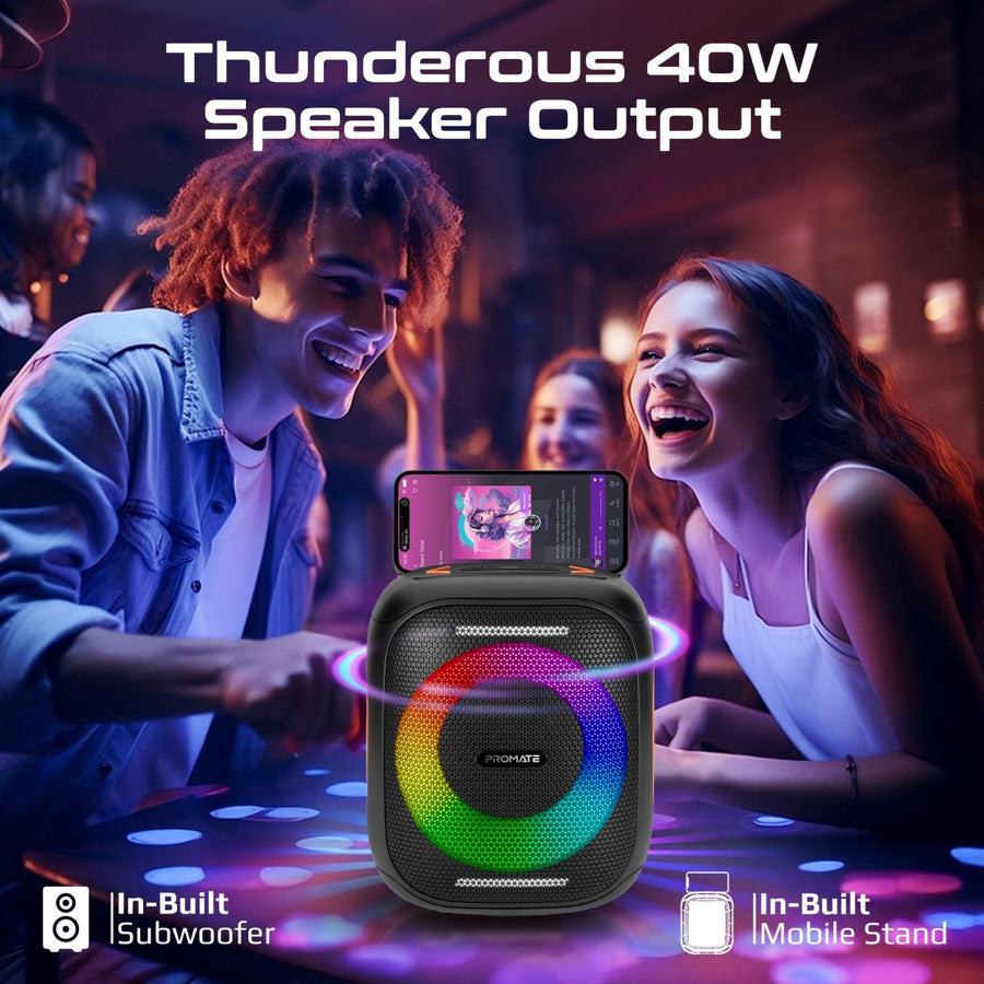 Promate STRIKE-40 - 40W Portable BT Speaker w/ Dynamic RBG Lights. Up to 6 Hours Playback AUX
