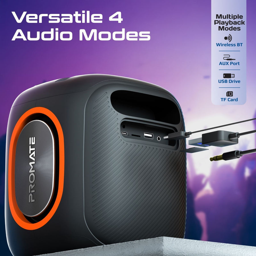 Promate STRIKE-40 - 40W Portable BT Speaker w/ Dynamic RBG Lights. Up to 6 Hours Playback AUX