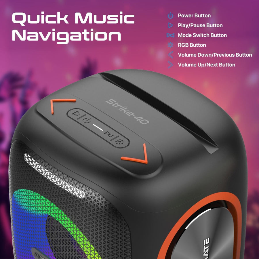 Promate STRIKE-40 - 40W Portable BT Speaker w/ Dynamic RBG Lights. Up to 6 Hours Playback AUX