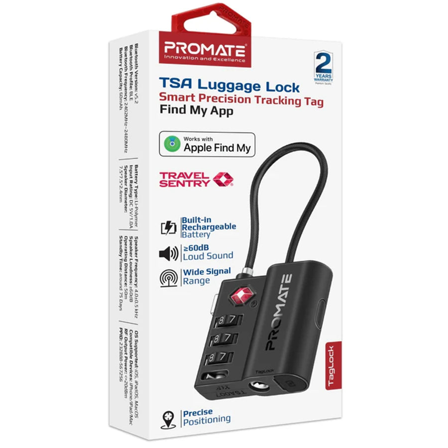 Promate TAGLOCK - TSA Luggage Lock w/ Smart Precision Tracking Tag. Works w/ Apple Find My APP