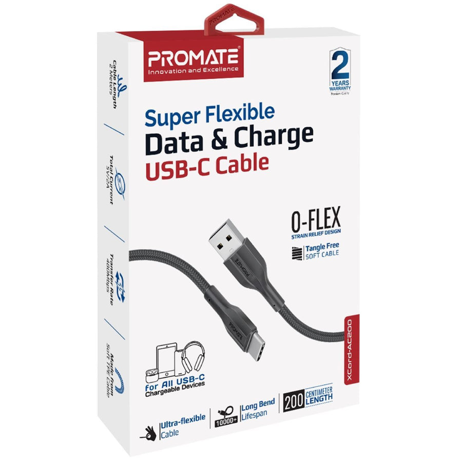 Promate   2A - 480Mbps USB-A to USB-C Cable - 2m - Black