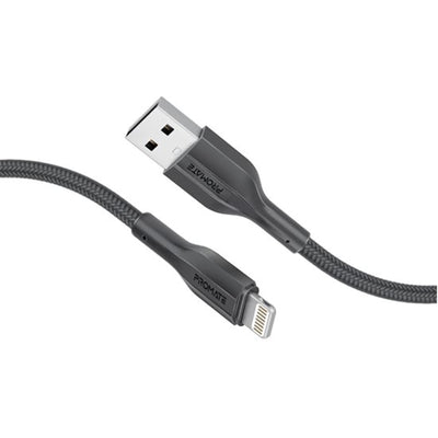 Promate XCORD-AI200-BLK – 2M USB-A-auf-Lightning-Anschluss Superflexibles Kabel unterstützt 2A Laden & 480Mbps