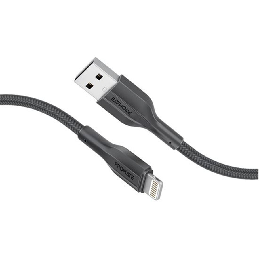 Promate XCORD-AI200-BLK - 2M USB-A to Lightning Connector Super Flexible Cable Supports 2A Charging & 480Mbps