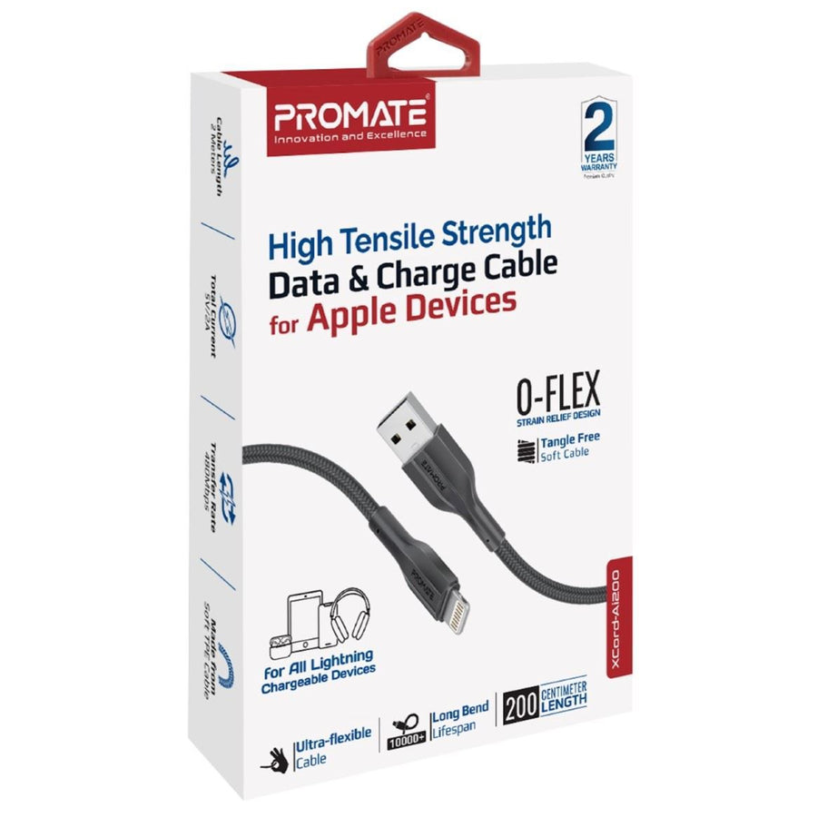Promate XCORD-AI200-BLK - 2M USB-A to Lightning Connector Super Flexible Cable Supports 2A Charging & 480Mbps