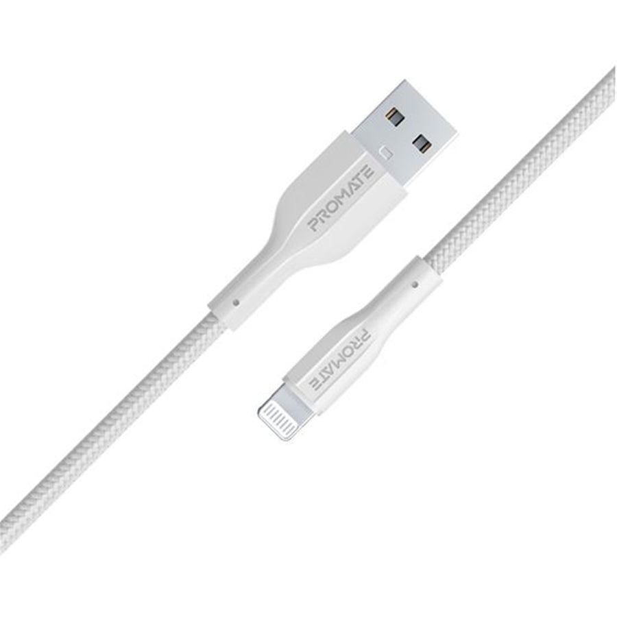 Promate XCORD-AI200-WHT - 2M USB-A to Lightning Connector Super Flexible Cable Supports 2A Charging & 480Mbps